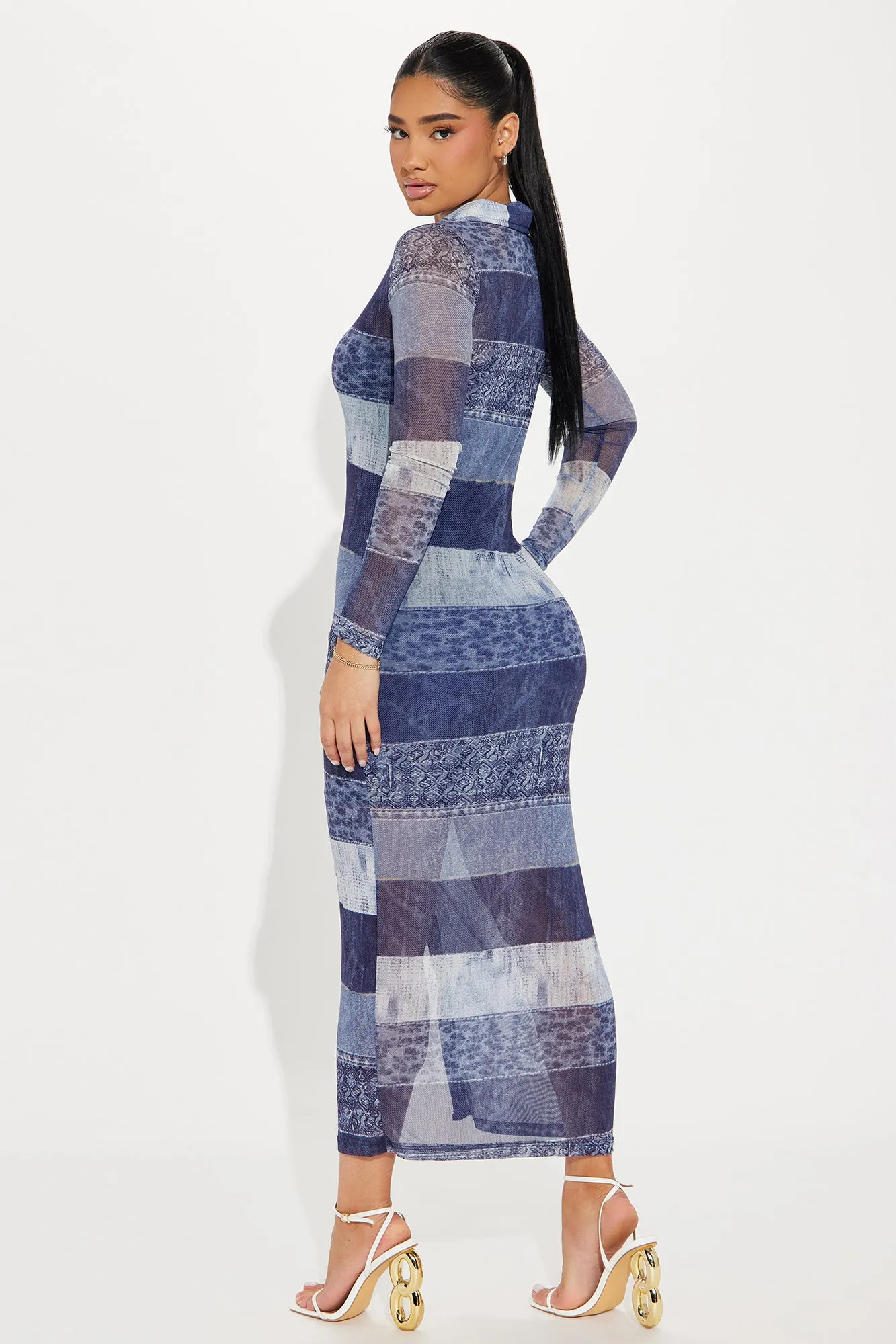Alia Denim Mesh Maxi Dress - Blue
