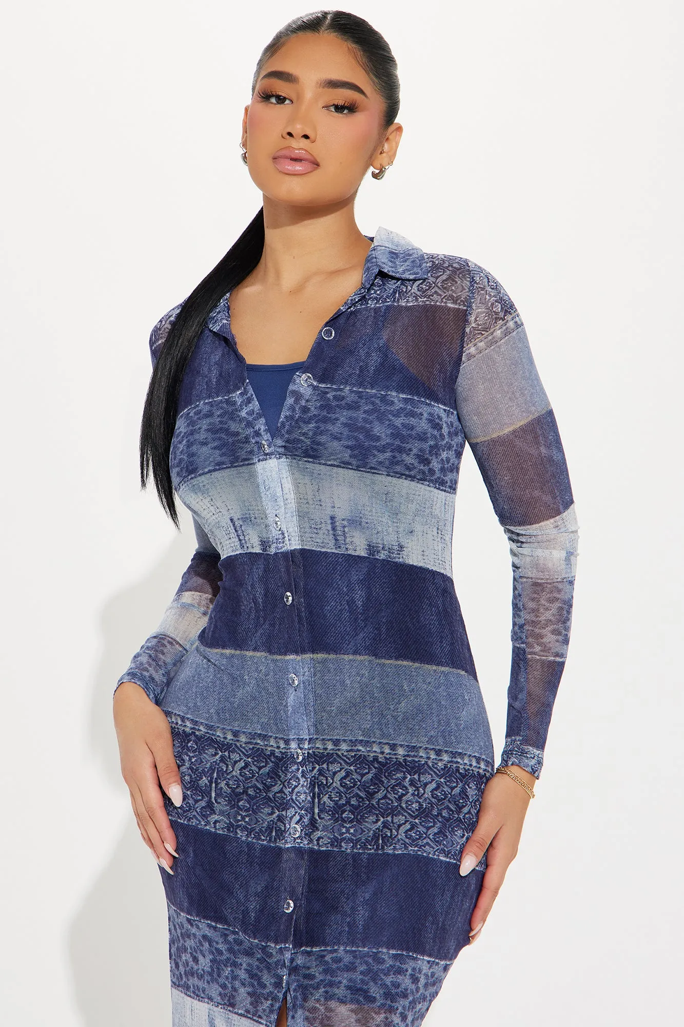 Alia Denim Mesh Maxi Dress - Blue
