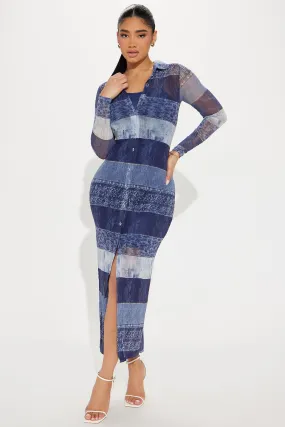 Alia Denim Mesh Maxi Dress - Blue