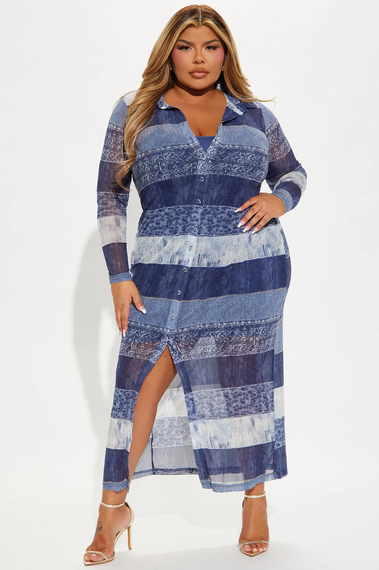 Alia Denim Mesh Maxi Dress - Blue