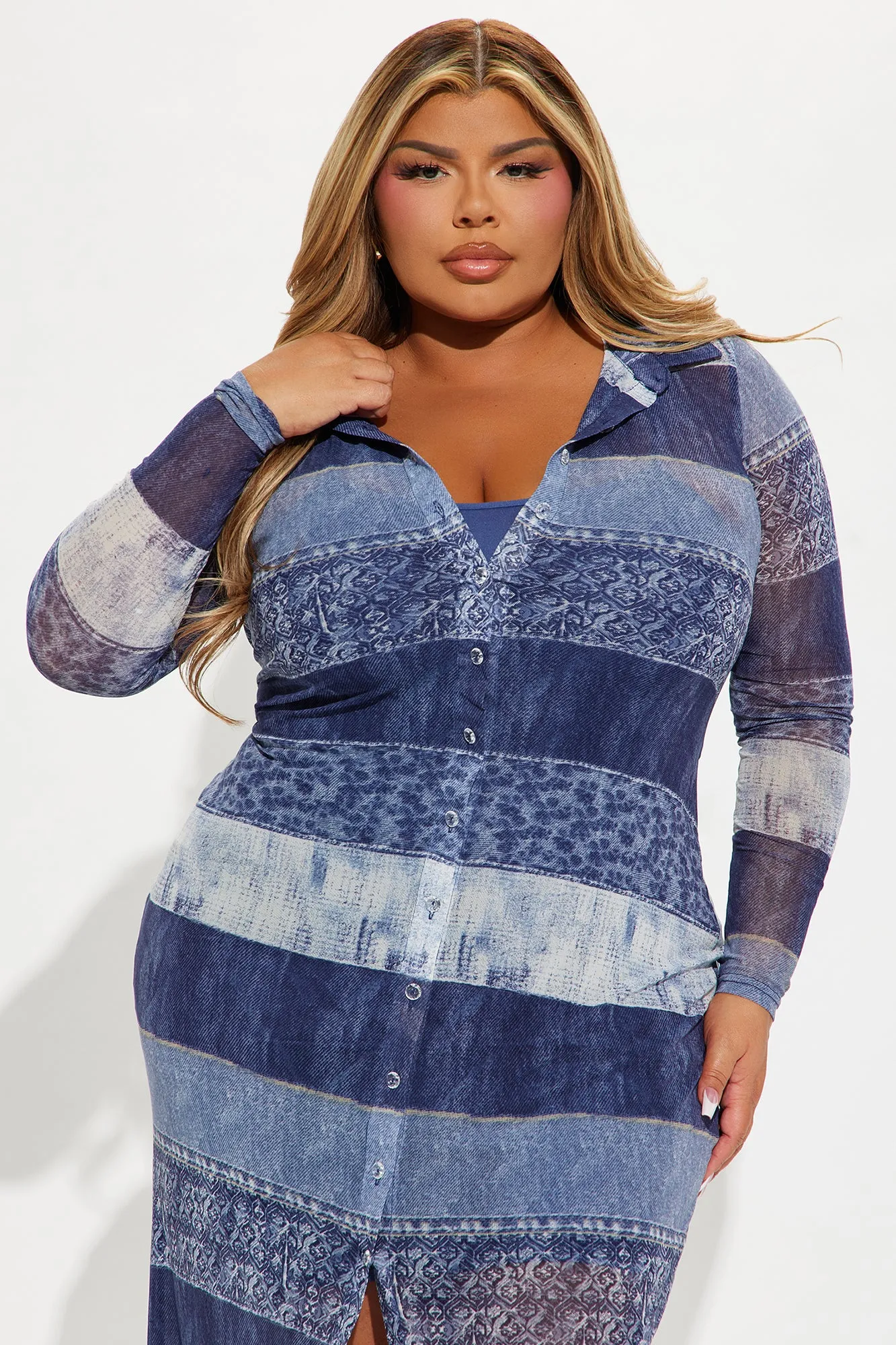 Alia Denim Mesh Maxi Dress - Blue
