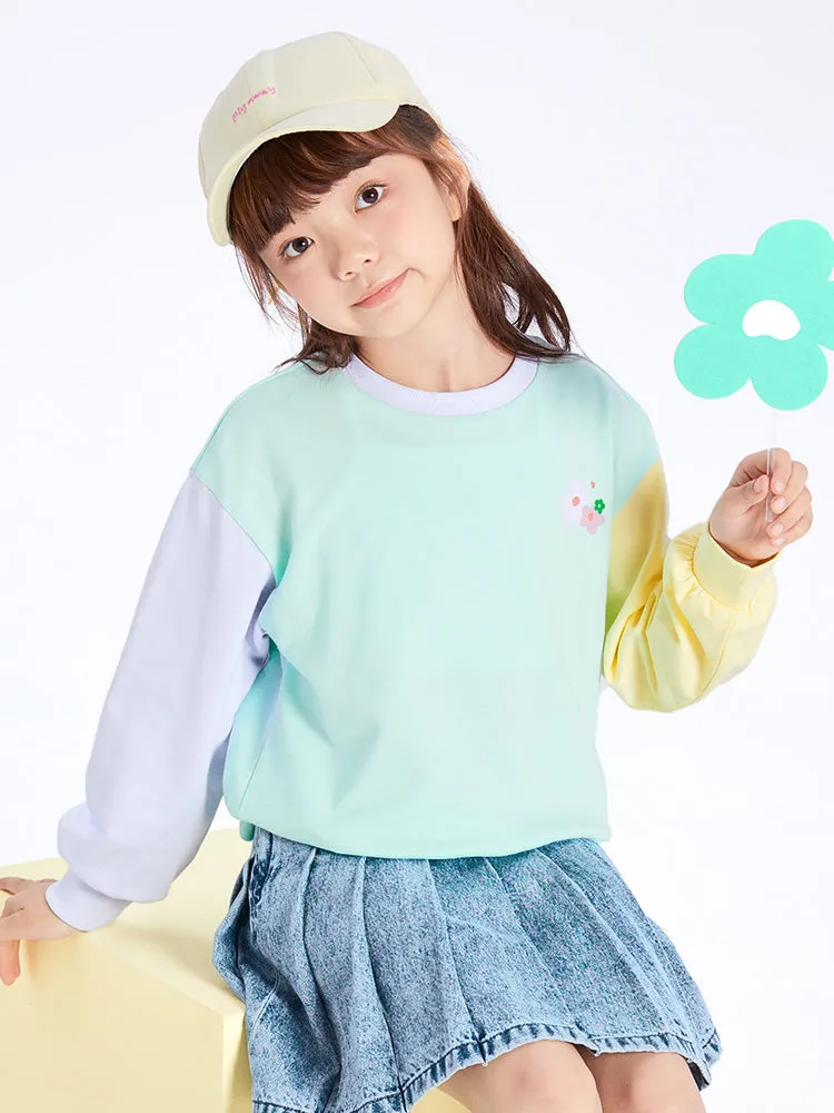 balabala Kids Girl Contrast Patched Rounded V-Neck Long Sleeve T-Shirt 7-14 Years