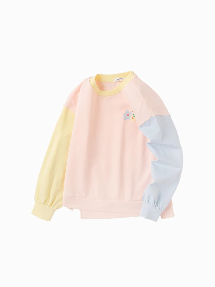 balabala Kids Girl Contrast Patched Rounded V-Neck Long Sleeve T-Shirt 7-14 Years