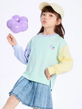balabala Kids Girl Contrast Patched Rounded V-Neck Long Sleeve T-Shirt 7-14 Years