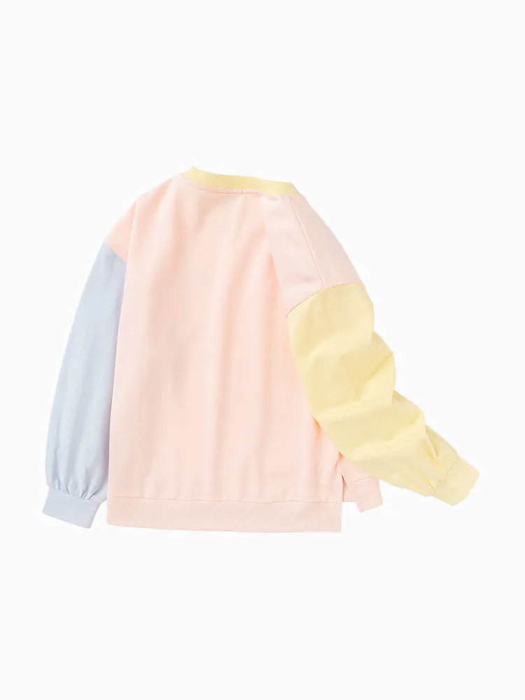 balabala Kids Girl Contrast Patched Rounded V-Neck Long Sleeve T-Shirt 7-14 Years