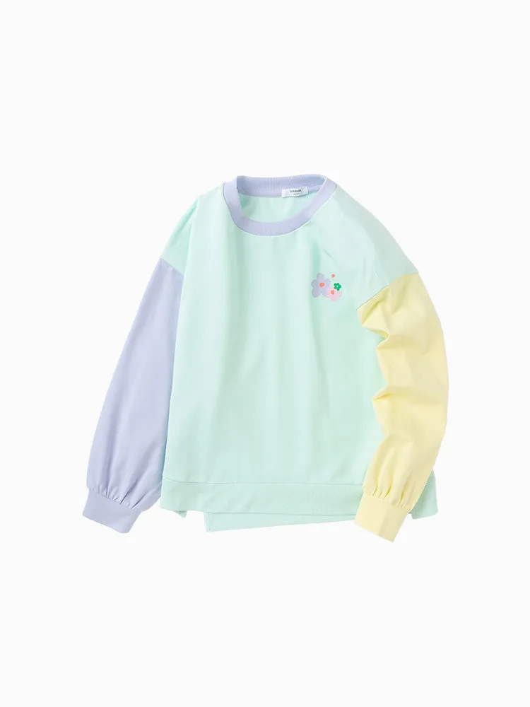 balabala Kids Girl Contrast Patched Rounded V-Neck Long Sleeve T-Shirt 7-14 Years