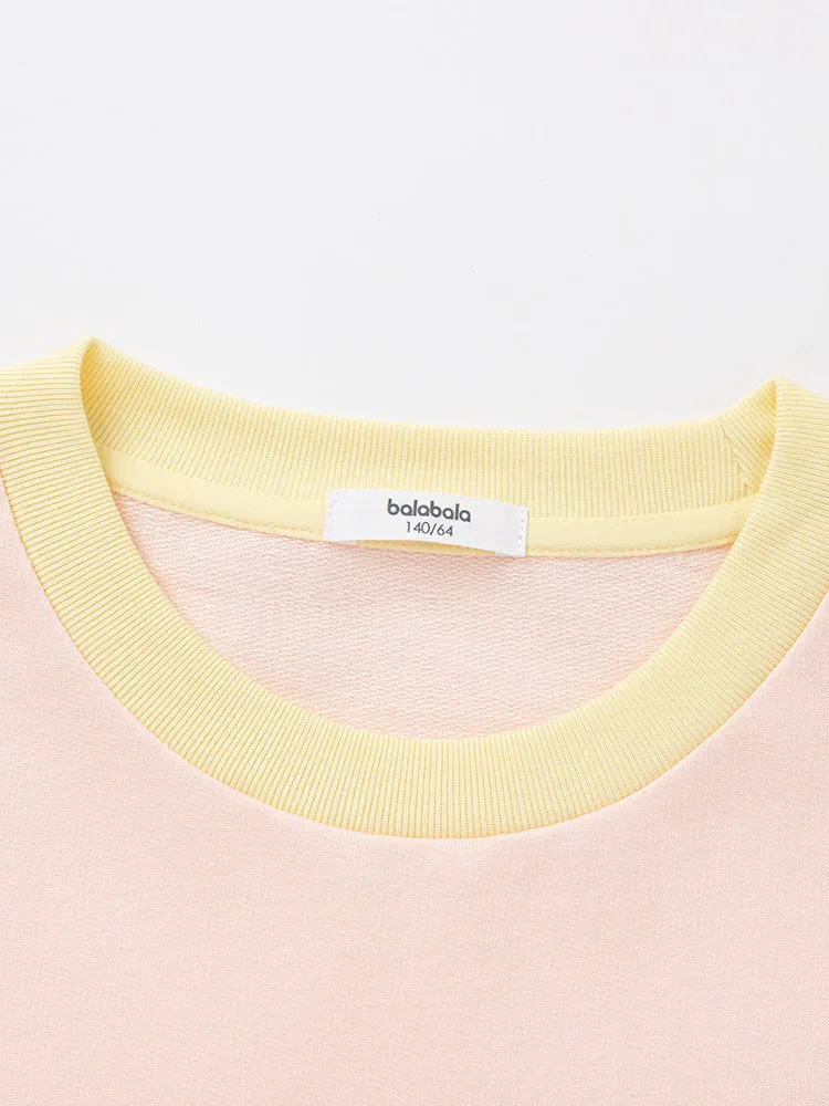 balabala Kids Girl Contrast Patched Rounded V-Neck Long Sleeve T-Shirt 7-14 Years