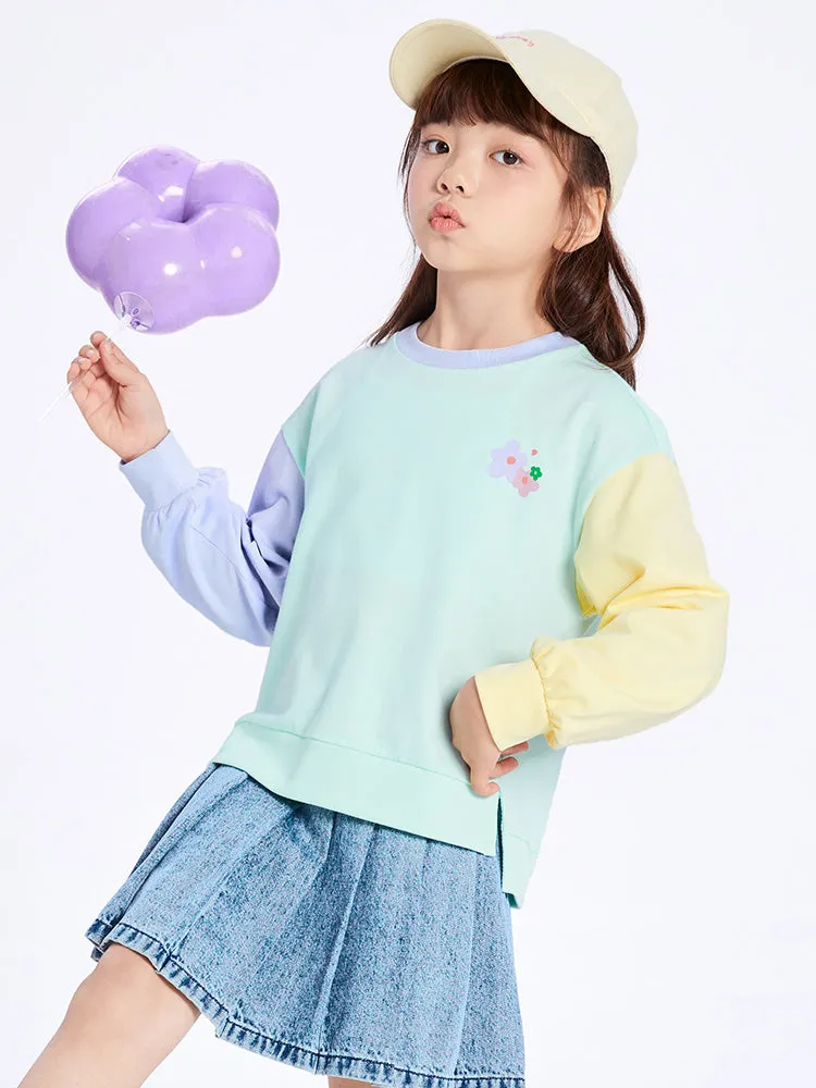 balabala Kids Girl Contrast Patched Rounded V-Neck Long Sleeve T-Shirt 7-14 Years