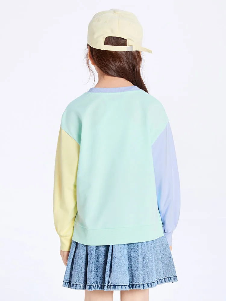 balabala Kids Girl Contrast Patched Rounded V-Neck Long Sleeve T-Shirt 7-14 Years