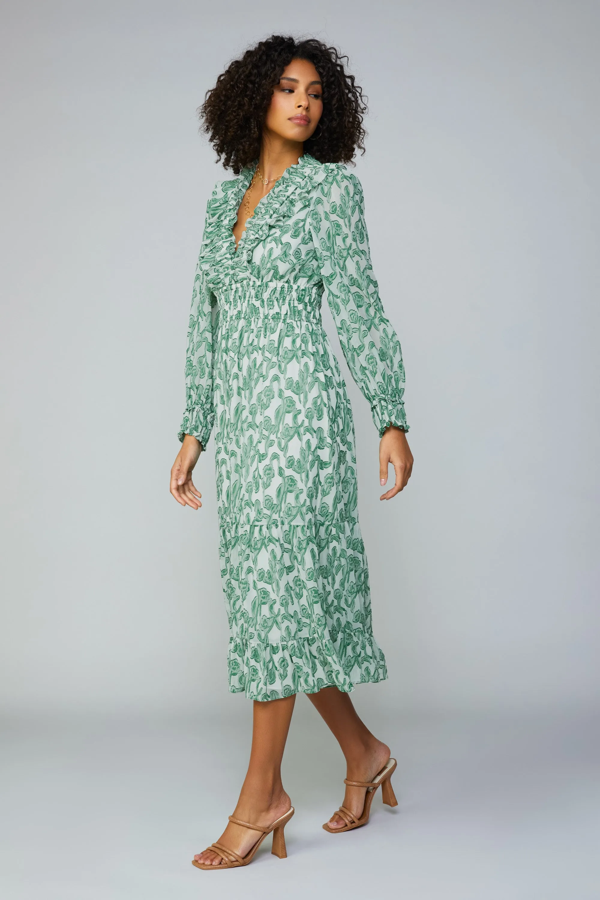Botanical Jacquard Smocked Midi Dress