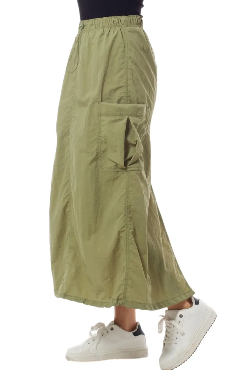 Cargo Parachute Long Skirt with Drawstring in Light Olive Style 5290
