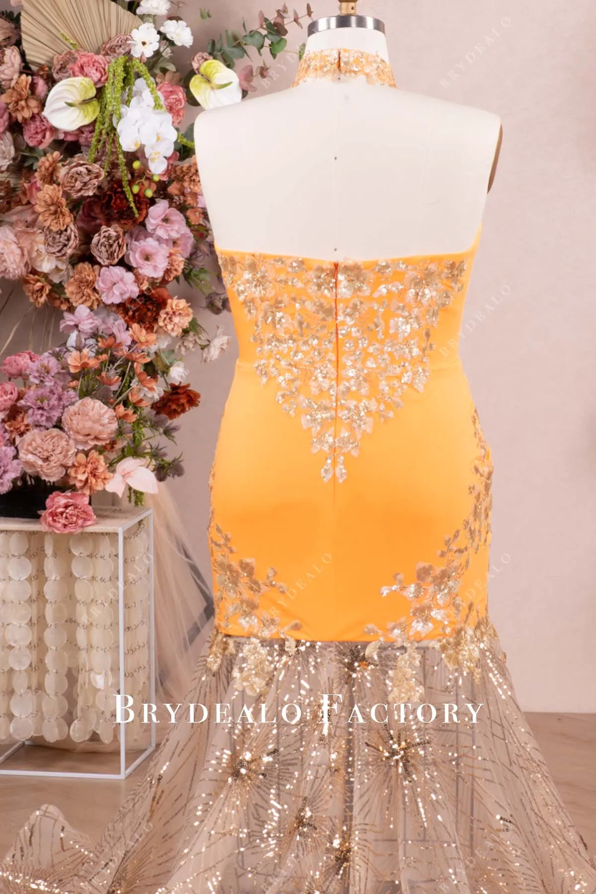 Custom Orange Jersey Matte Gold Applique Sparkly Mermaid Prom Dress