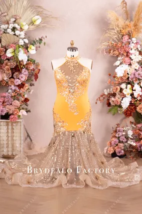 Custom Orange Jersey Matte Gold Applique Sparkly Mermaid Prom Dress