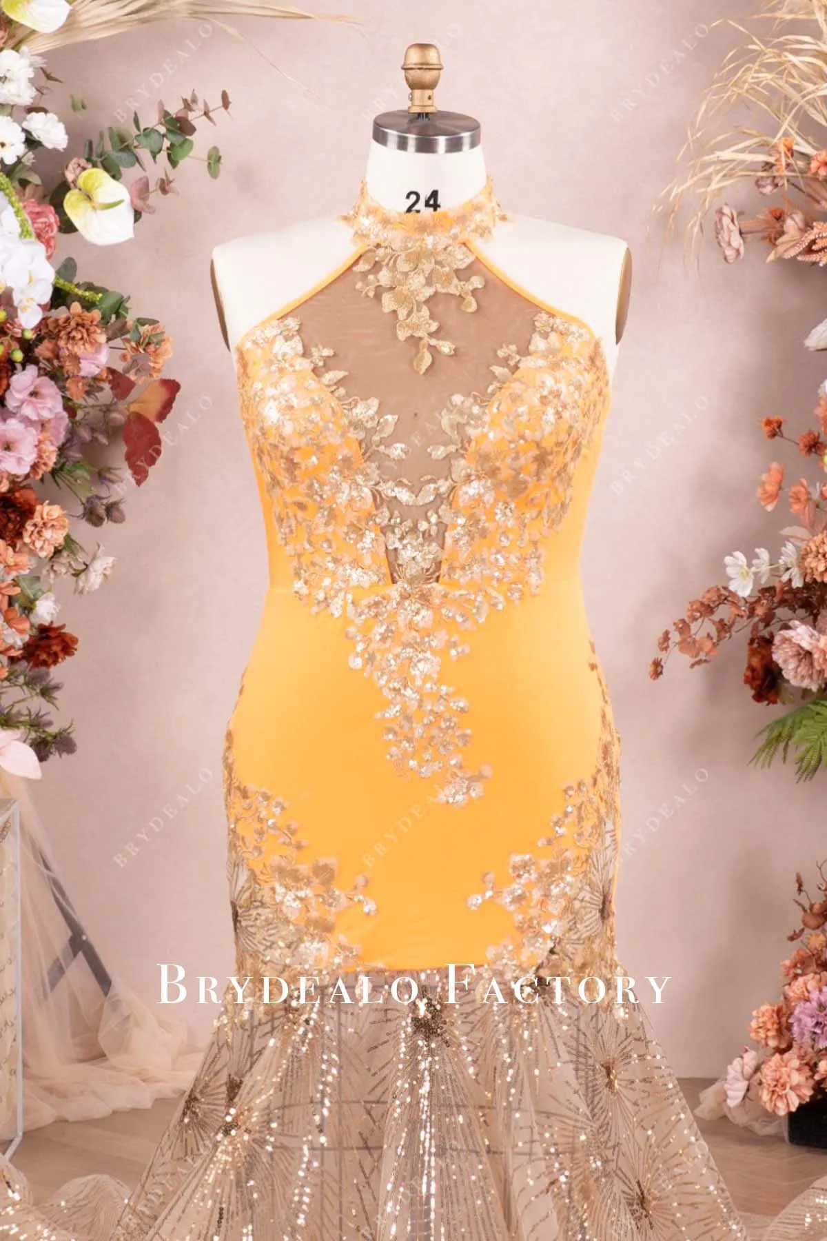 Custom Orange Jersey Matte Gold Applique Sparkly Mermaid Prom Dress