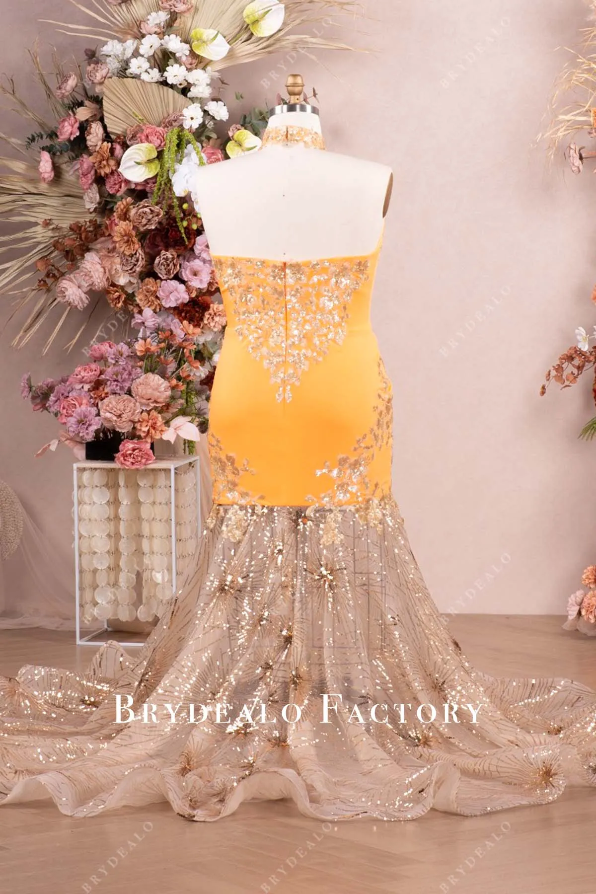 Custom Orange Jersey Matte Gold Applique Sparkly Mermaid Prom Dress
