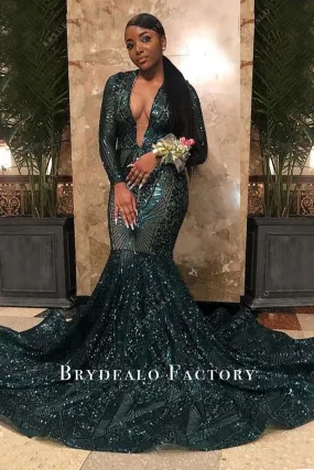 Dark Green Unique Sequin Plunging Neck Mermaid Prom Dress