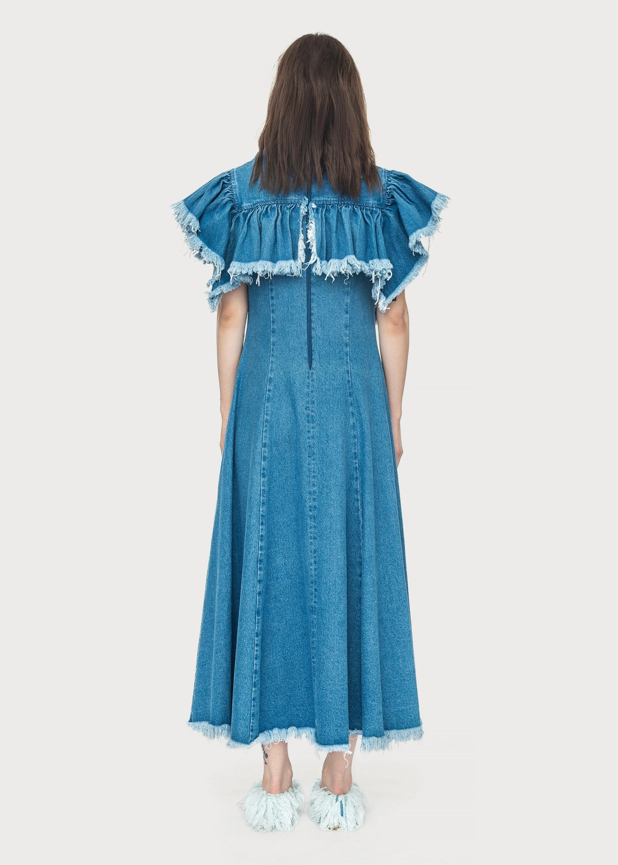 Denim Maxi Dress with Ruffles