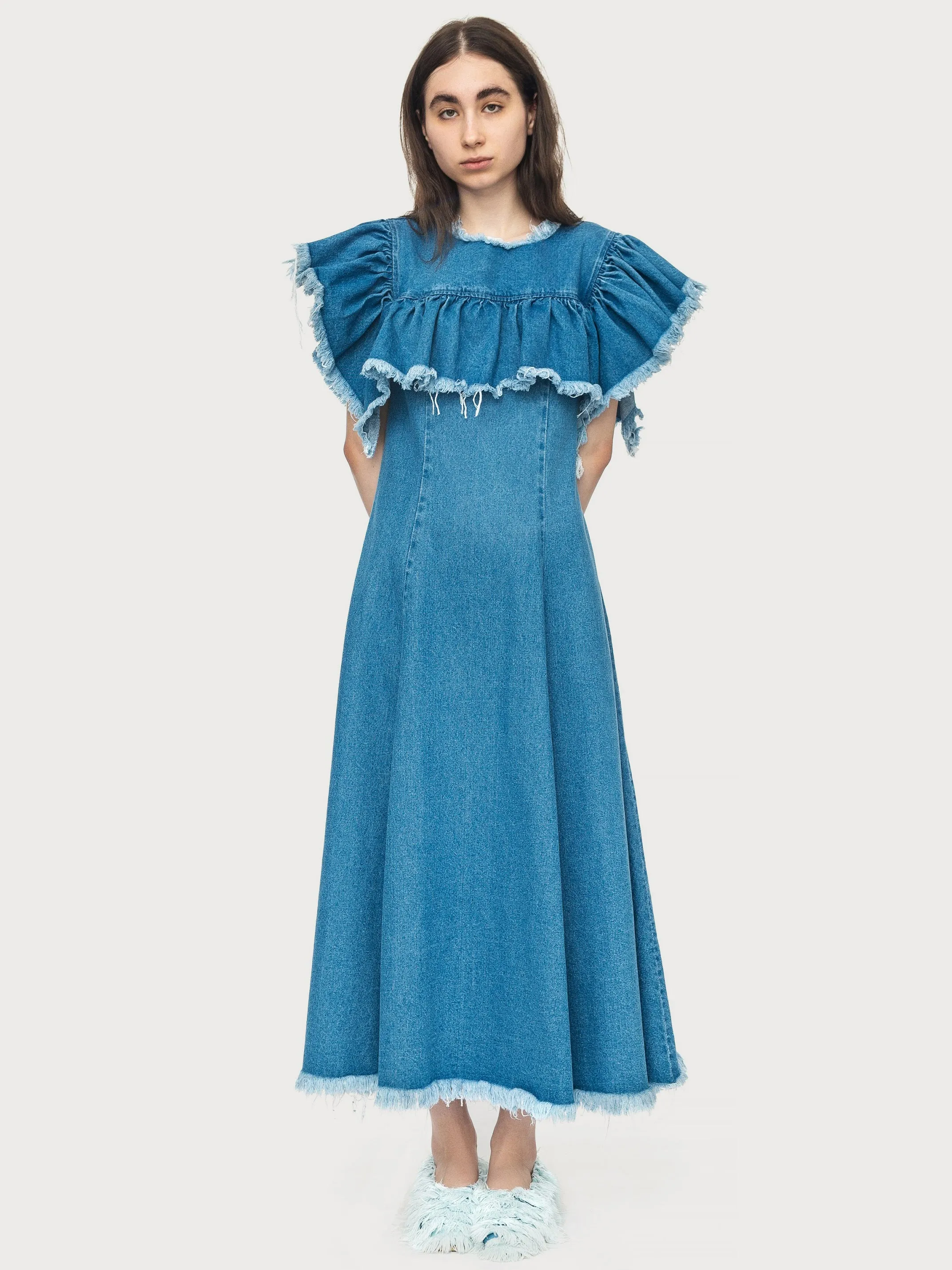 Denim Maxi Dress with Ruffles