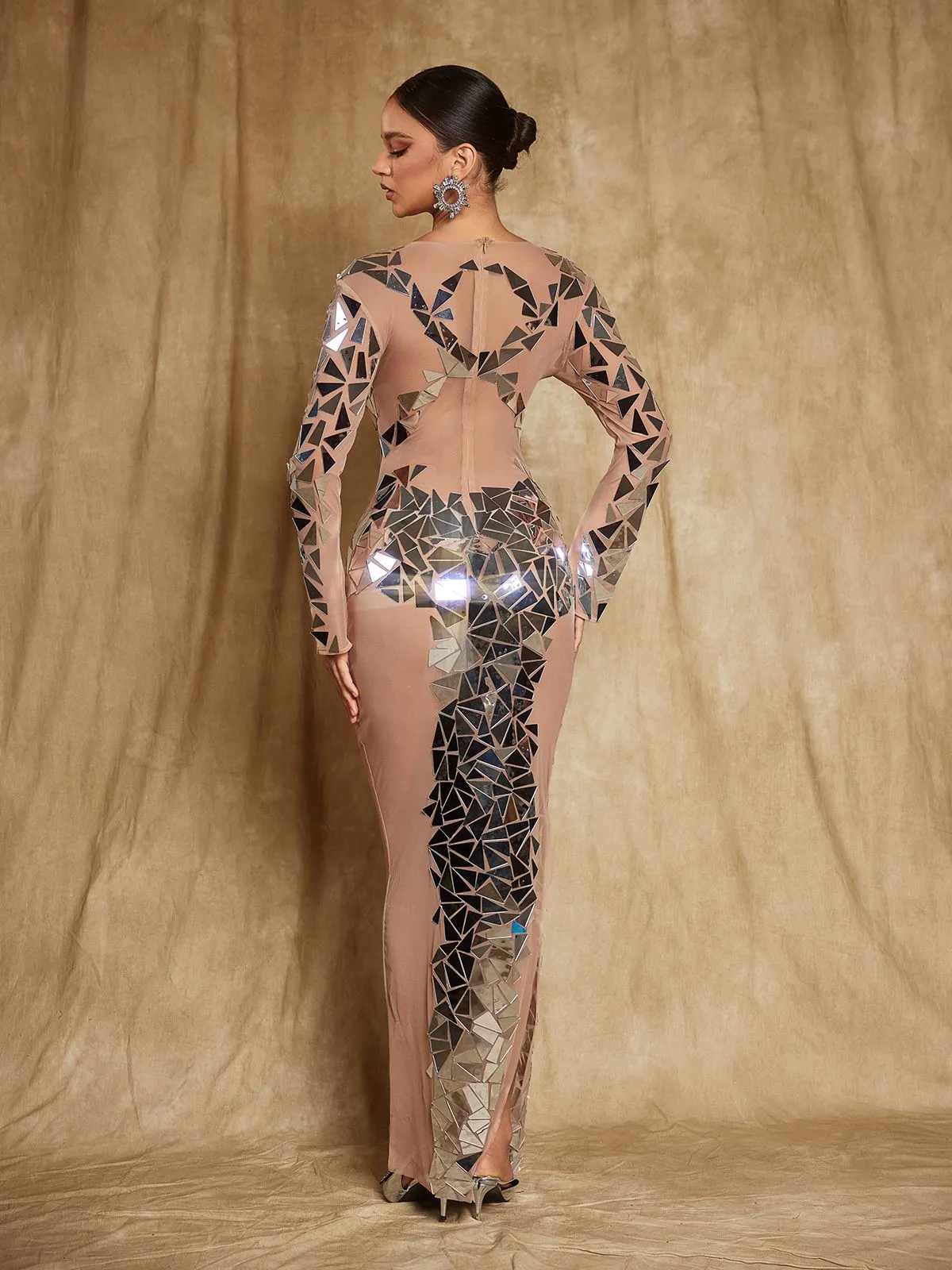 Edwina Long Sleeve Acrylic Cutout Mesh Maxi Dress