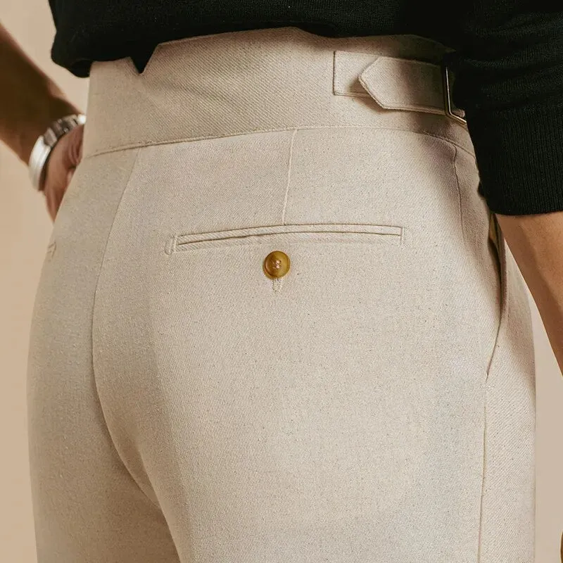 Formal Solid Linen High Waist Straight Trousers