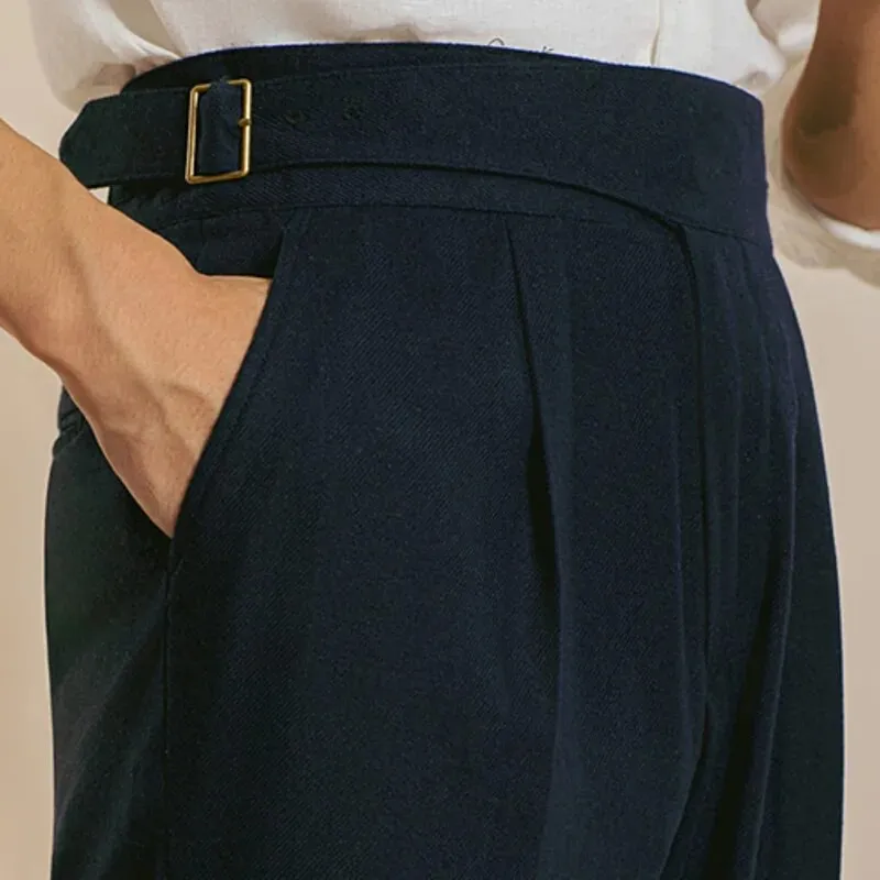 Formal Solid Linen High Waist Straight Trousers