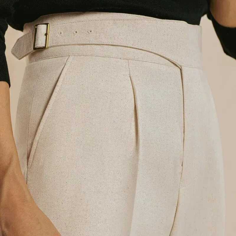 Formal Solid Linen High Waist Straight Trousers