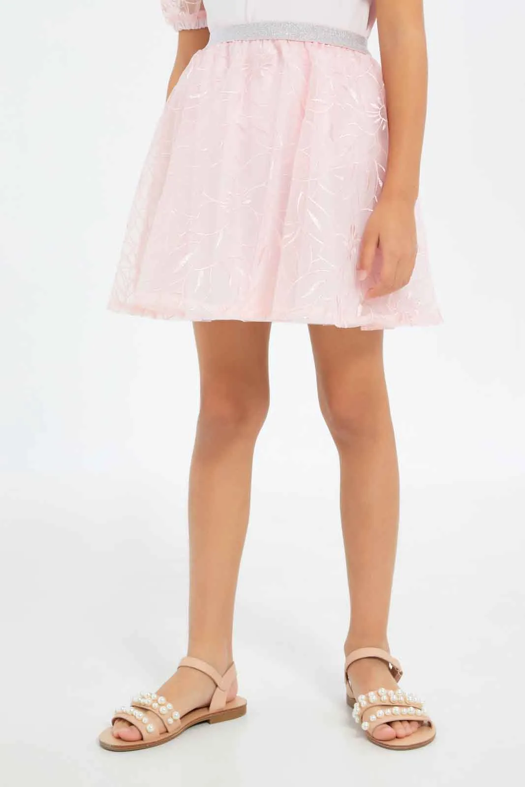 Girls Apricot Embroidered T-Shirt And Skirt Set (2 Piece)