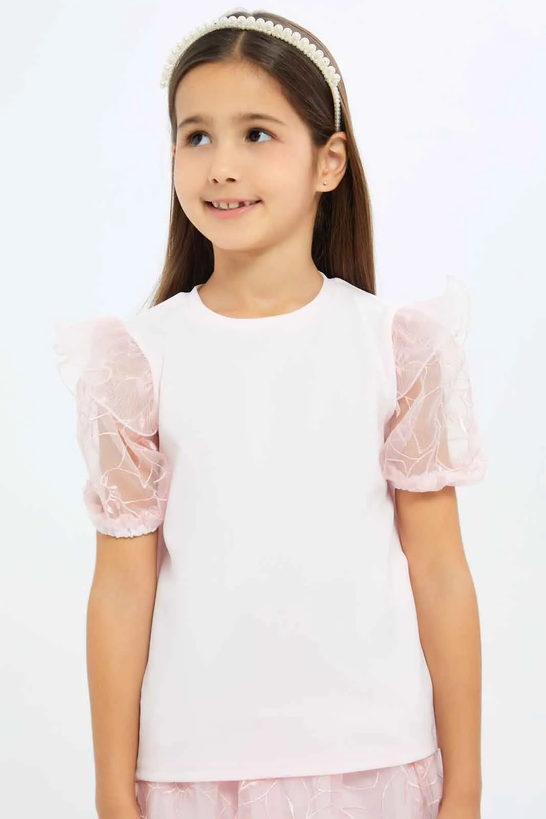 Girls Apricot Embroidered T-Shirt And Skirt Set (2 Piece)