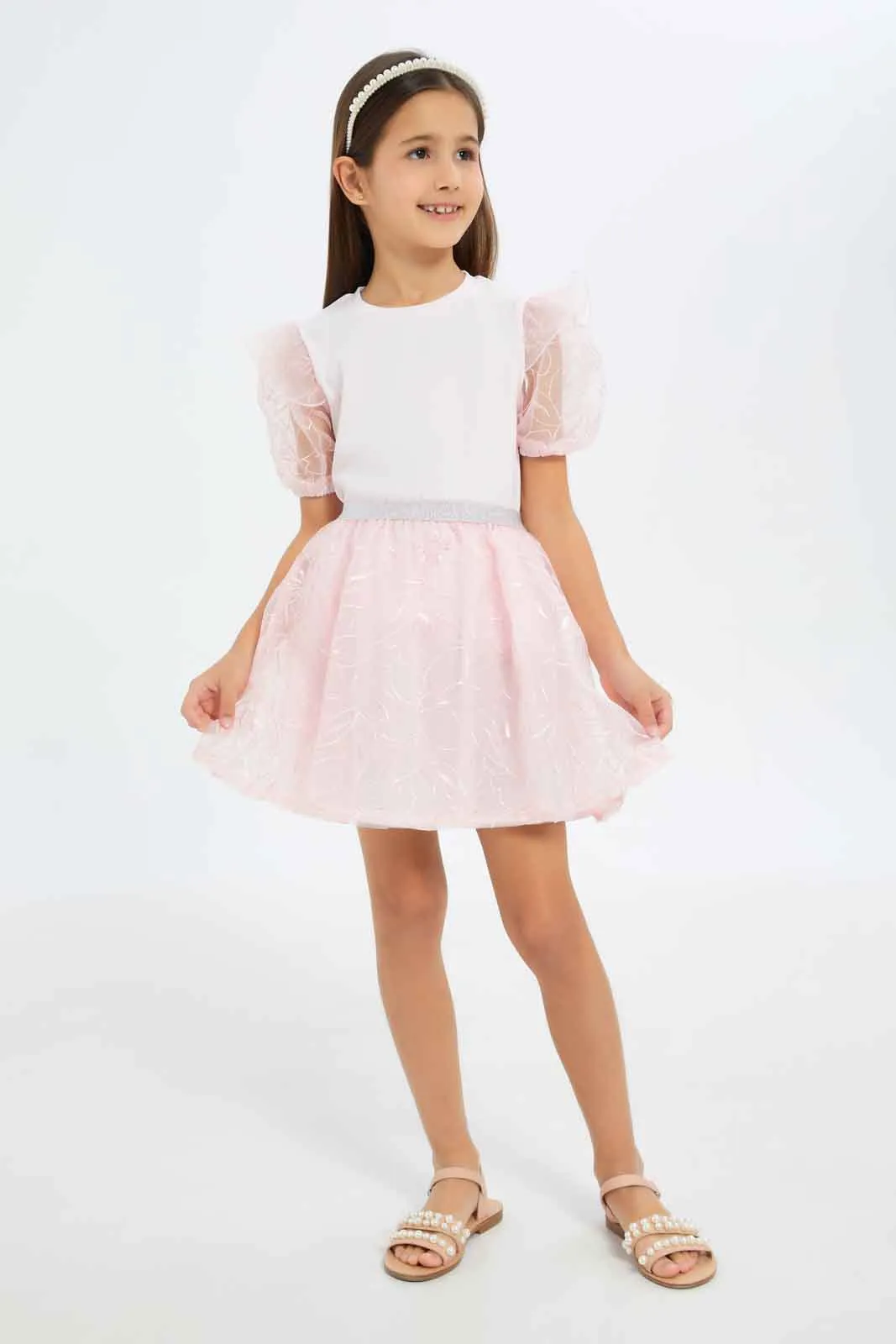 Girls Apricot Embroidered T-Shirt And Skirt Set (2 Piece)