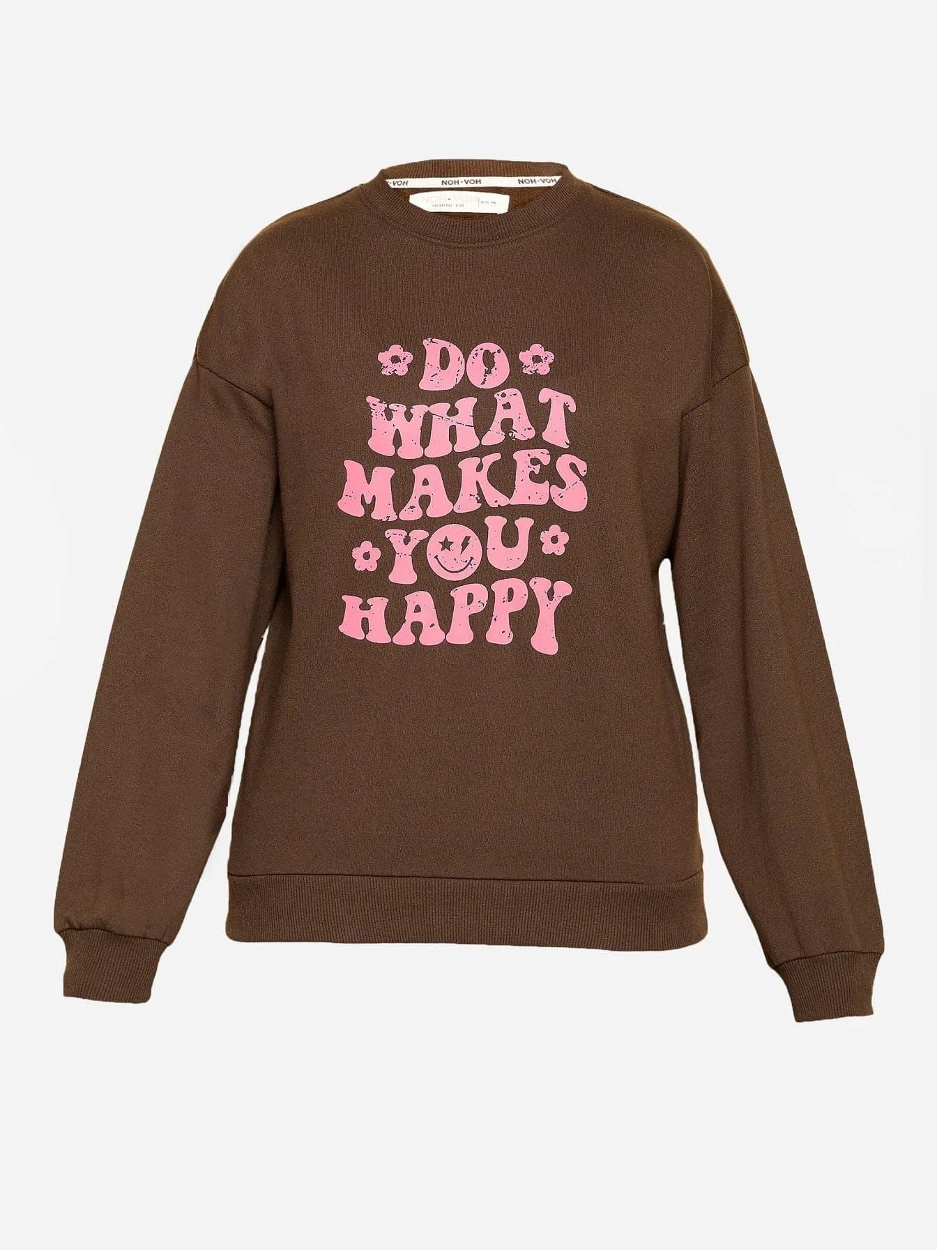Girls Brown Happy Print Terry Sweatshirt With Track Pants