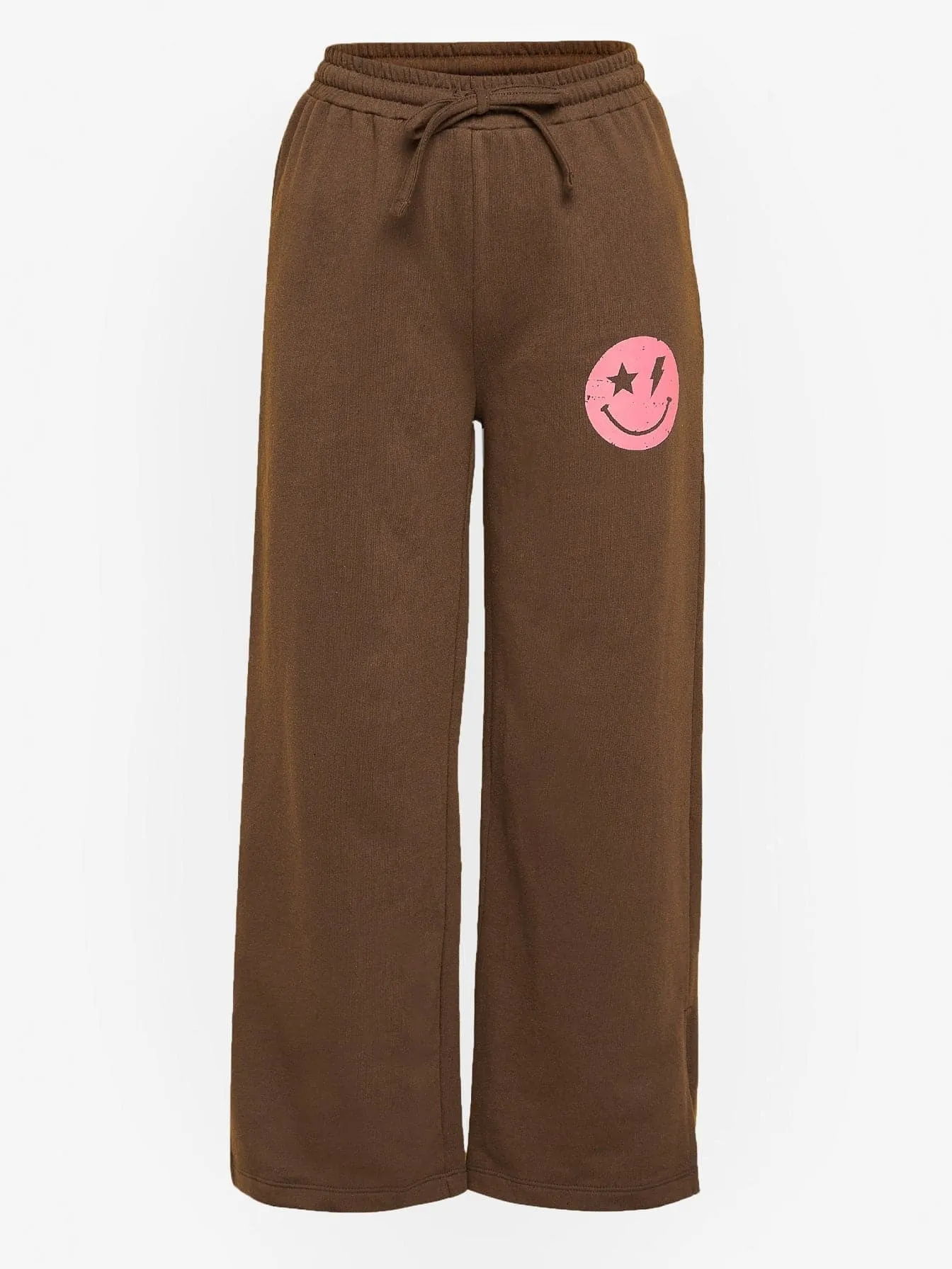 Girls Brown Happy Print Terry Sweatshirt With Track Pants