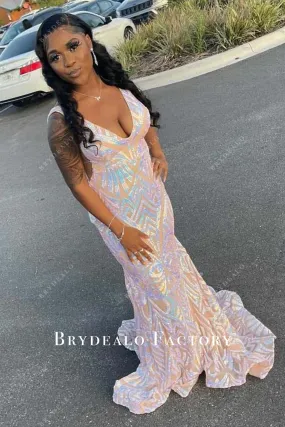 Iridescent Sequin V-neck Mermaid Sleeveless Prom Dress