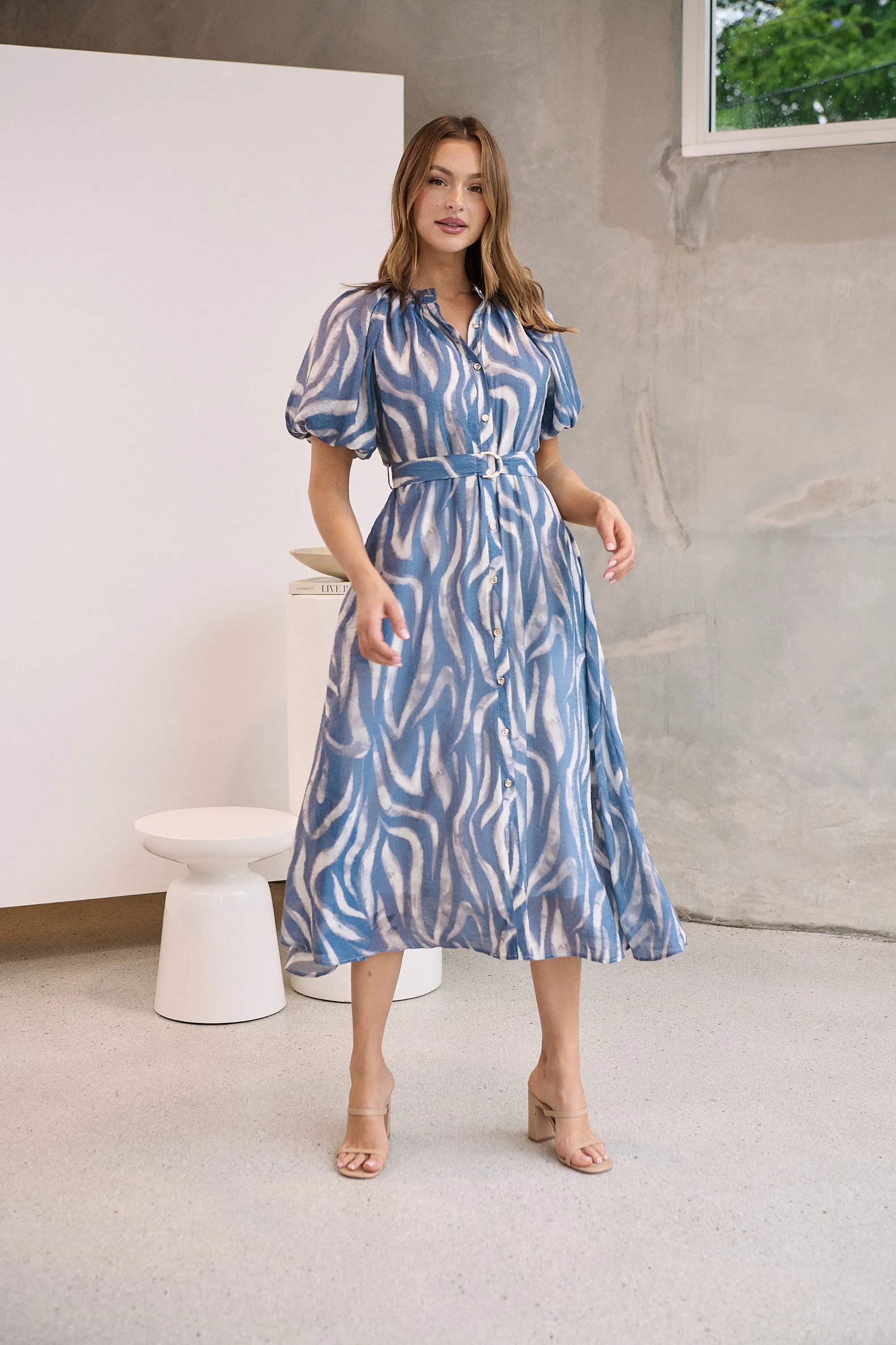 Liana Navy Blue Cream Print Puff Sleeve Button Front Midi Dress