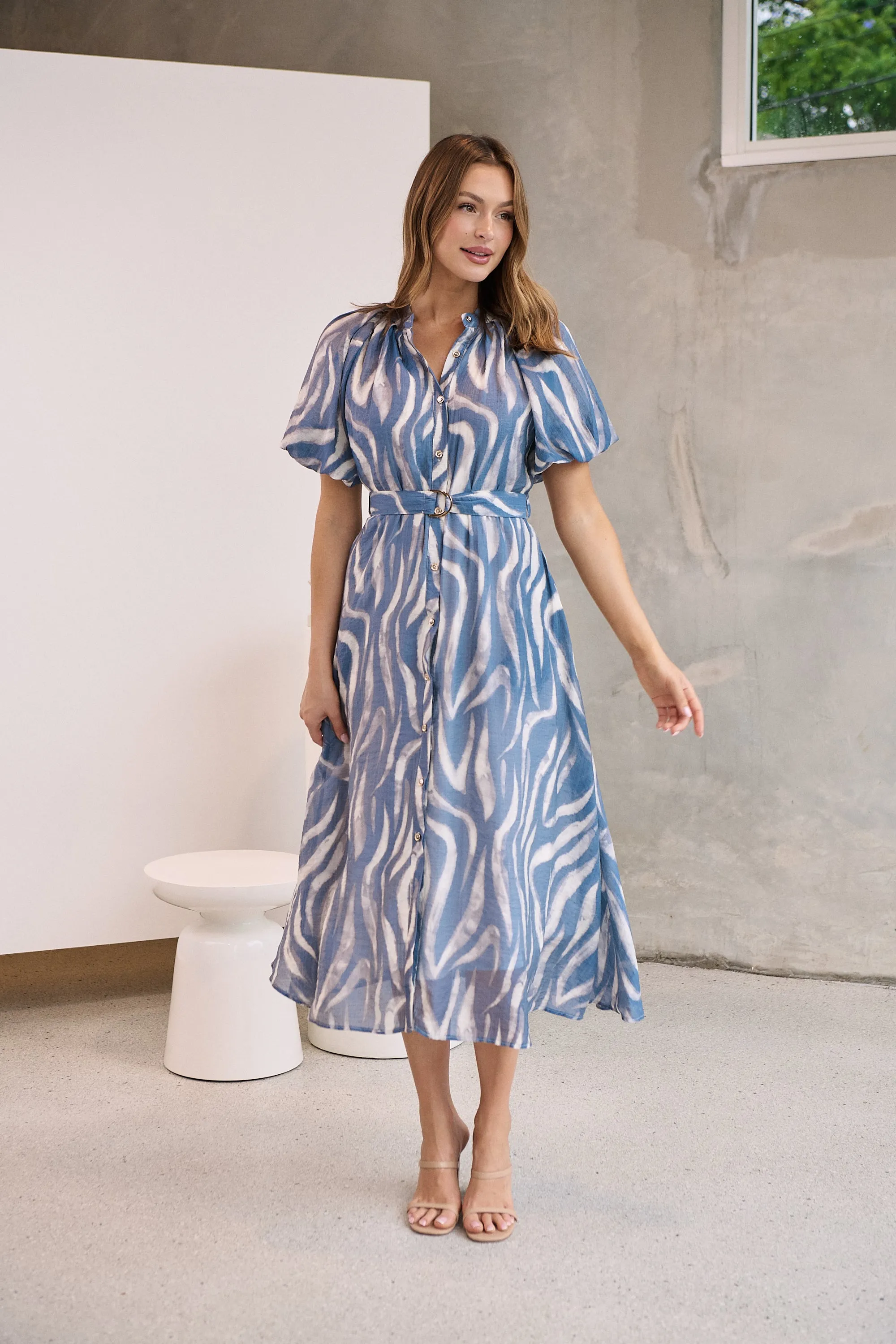 Liana Navy Blue Cream Print Puff Sleeve Button Front Midi Dress