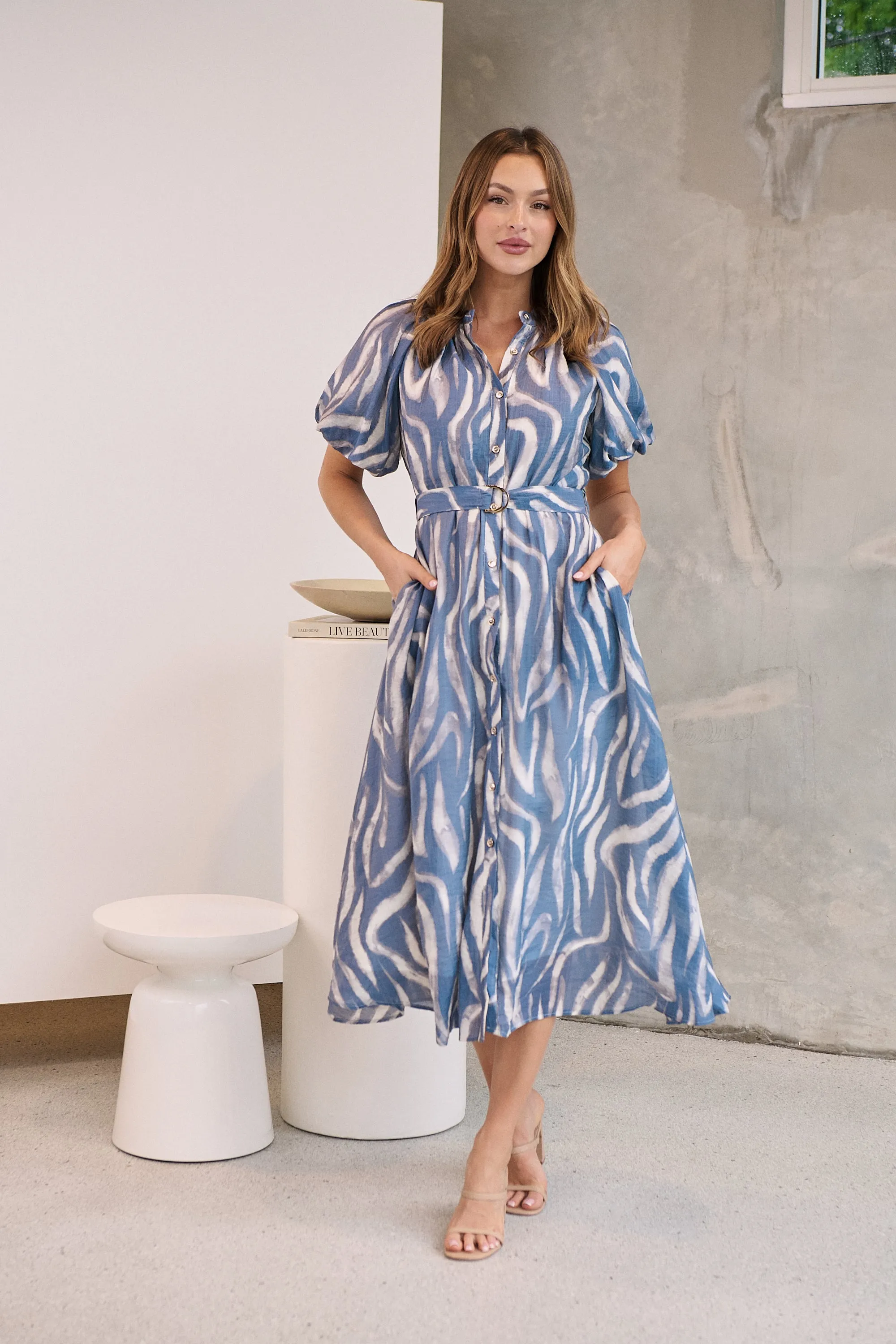 Liana Navy Blue Cream Print Puff Sleeve Button Front Midi Dress