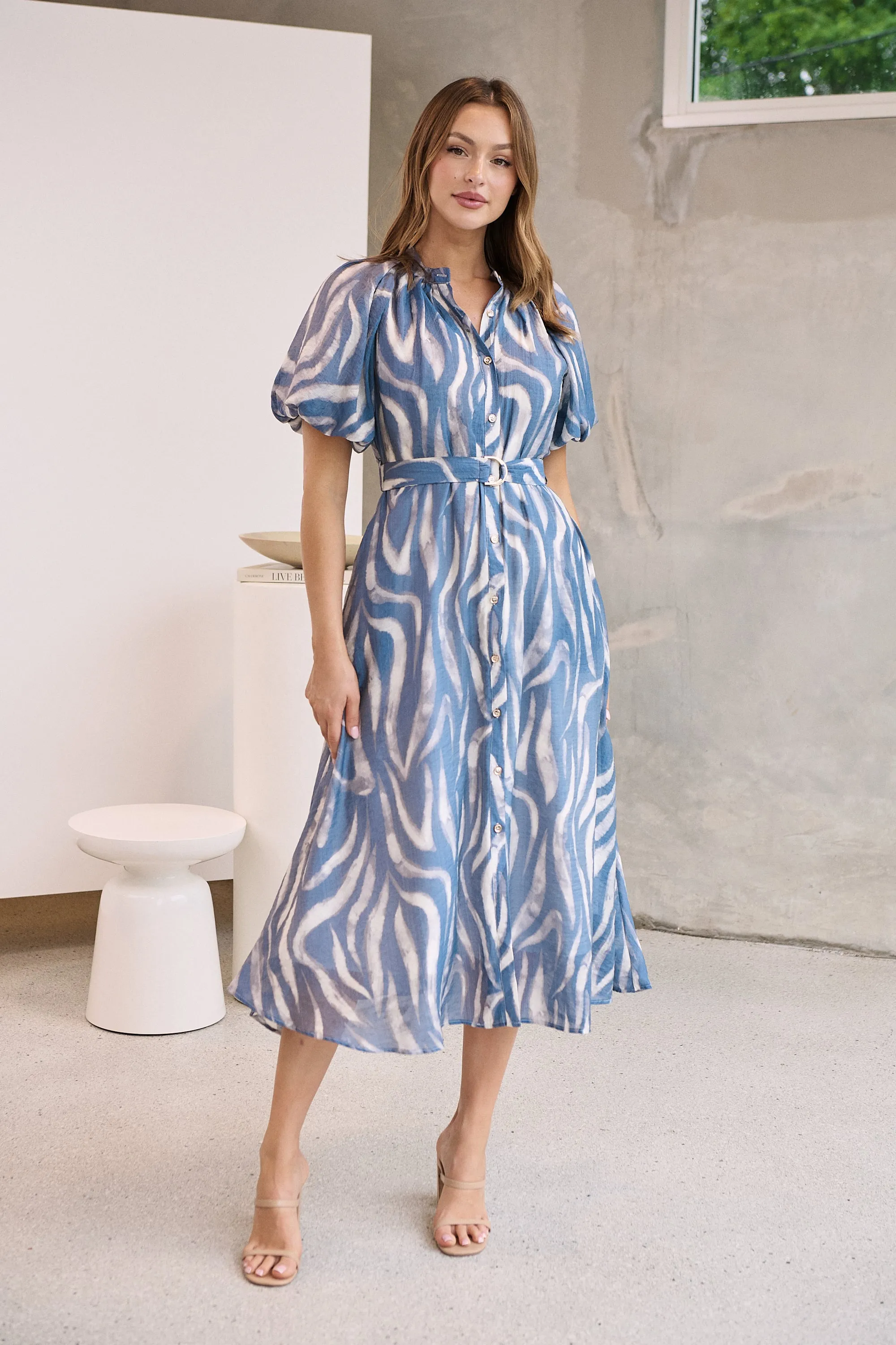 Liana Navy Blue Cream Print Puff Sleeve Button Front Midi Dress