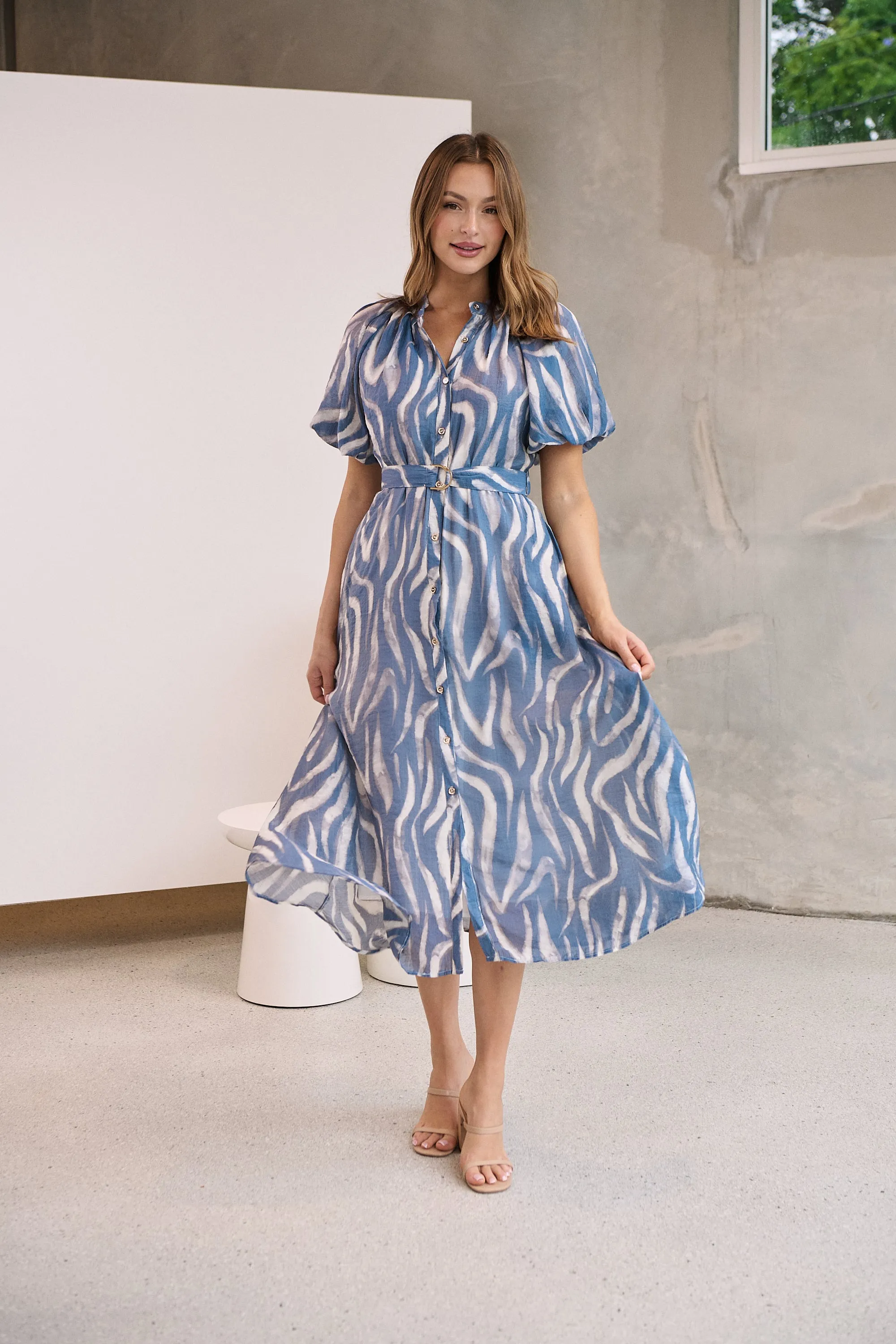 Liana Navy Blue Cream Print Puff Sleeve Button Front Midi Dress