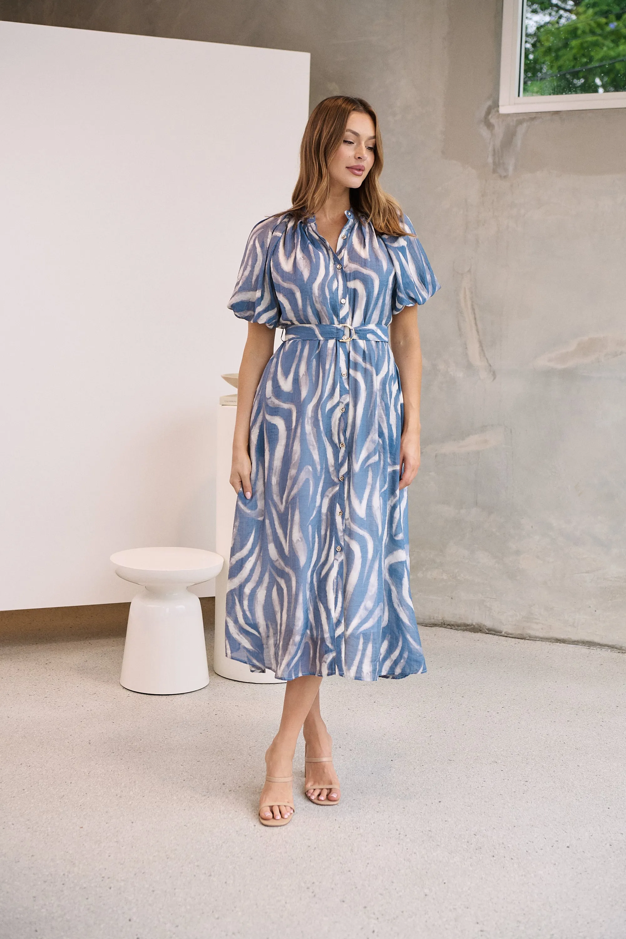Liana Navy Blue Cream Print Puff Sleeve Button Front Midi Dress