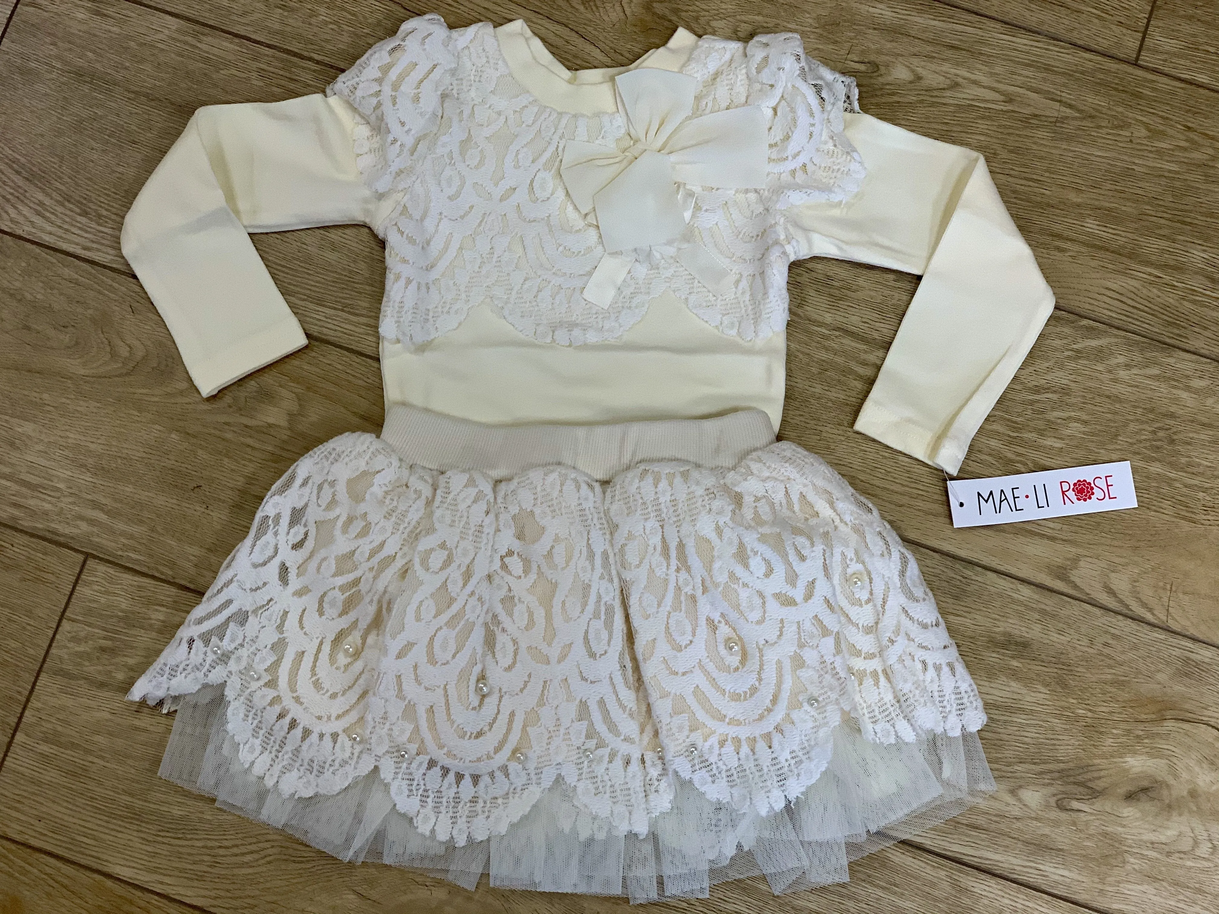 MaeLi Rose Scallop Lace & Pearl Skirt in Ivory