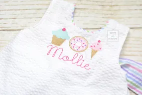 Monogrammed pink baby girl cake smash swing bloomer set with sweets trio and name, girls birthday outfit, sweets themed cake smash outfit