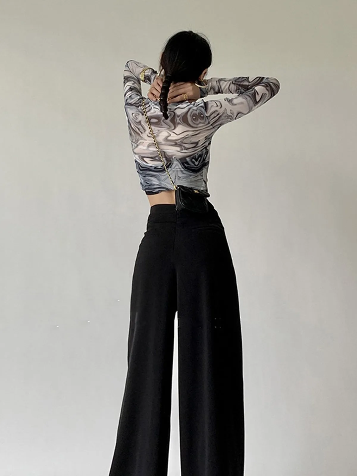 Pleated High Rise Waist Hollow Out Wide Leg Straight Pant - Black