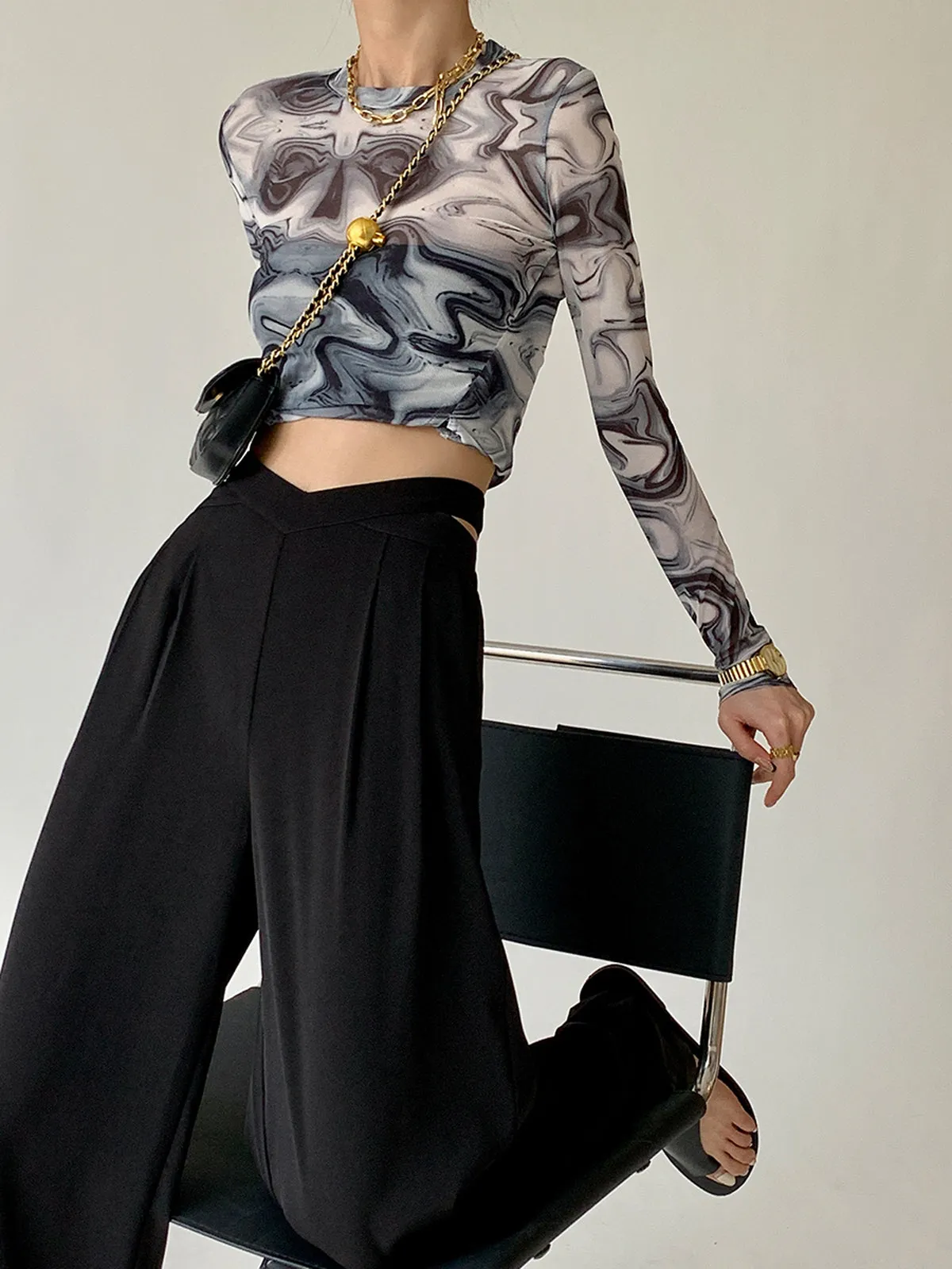 Pleated High Rise Waist Hollow Out Wide Leg Straight Pant - Black