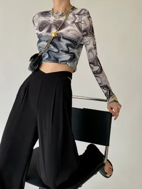 Pleated High Rise Waist Hollow Out Wide Leg Straight Pant - Black