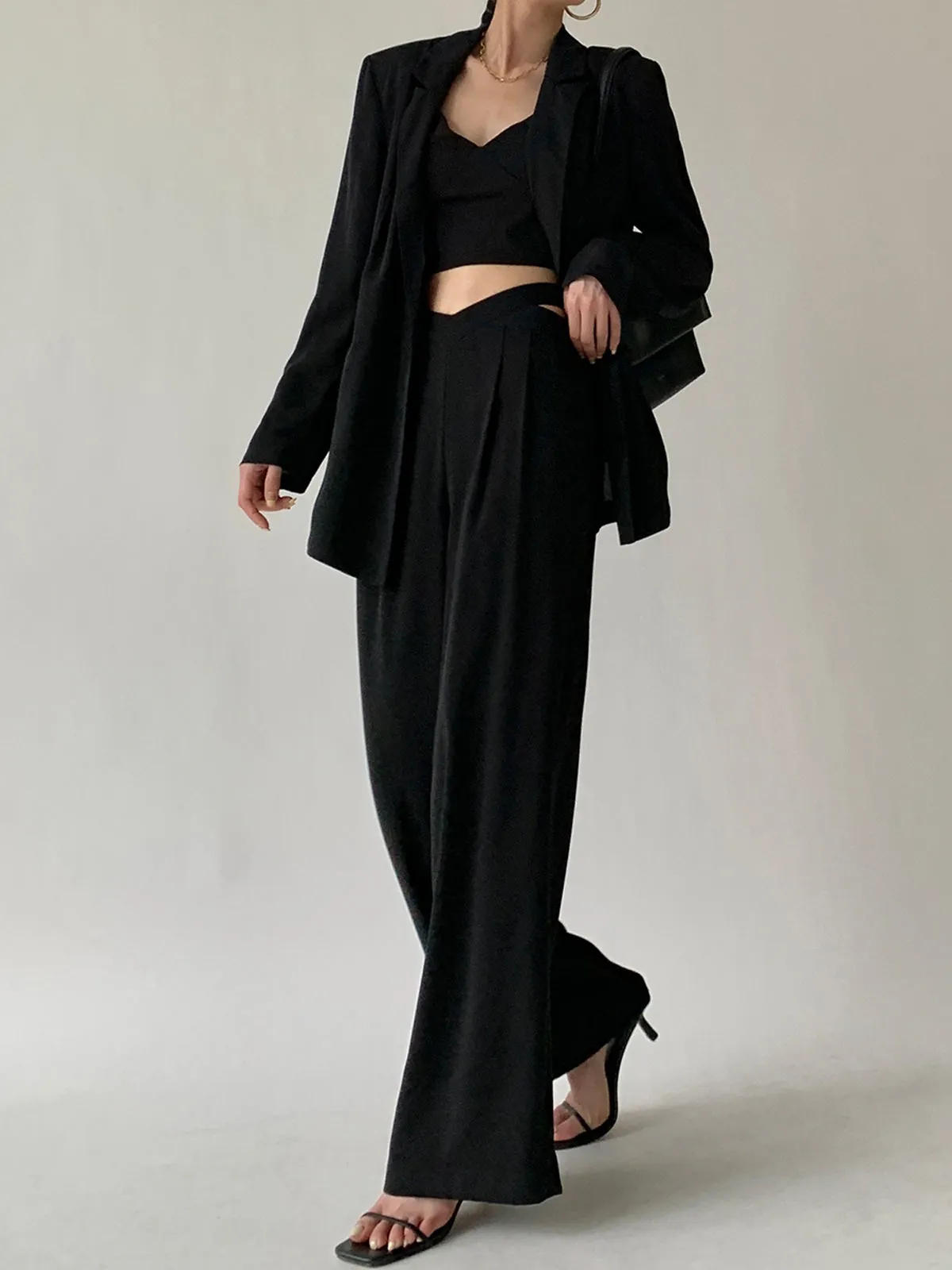 Pleated High Rise Waist Hollow Out Wide Leg Straight Pant - Black