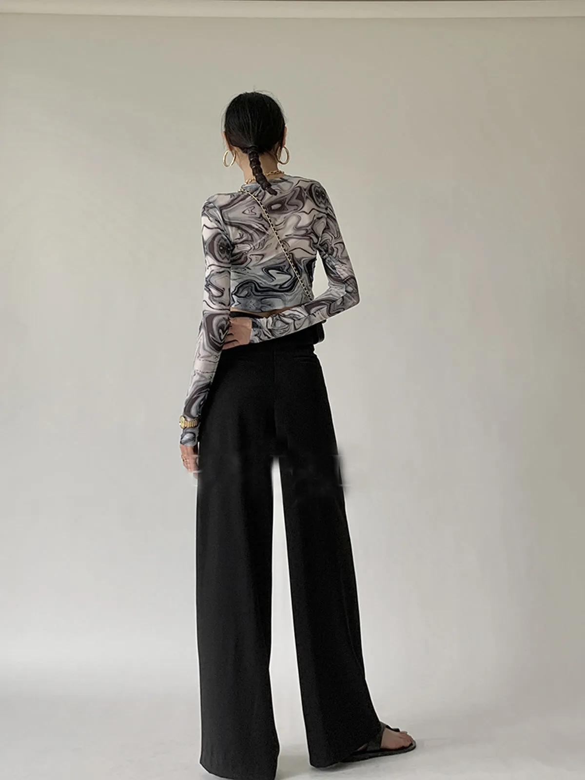 Pleated High Rise Waist Hollow Out Wide Leg Straight Pant - Black