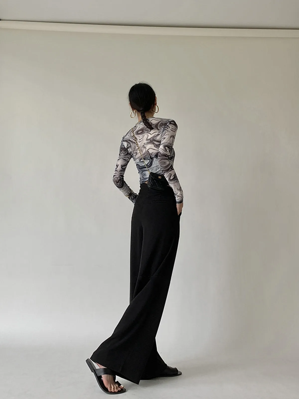 Pleated High Rise Waist Hollow Out Wide Leg Straight Pant - Black