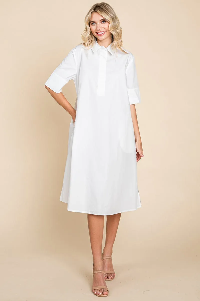 Poplin Collared Short Sleeve Cotton Shirt Dress