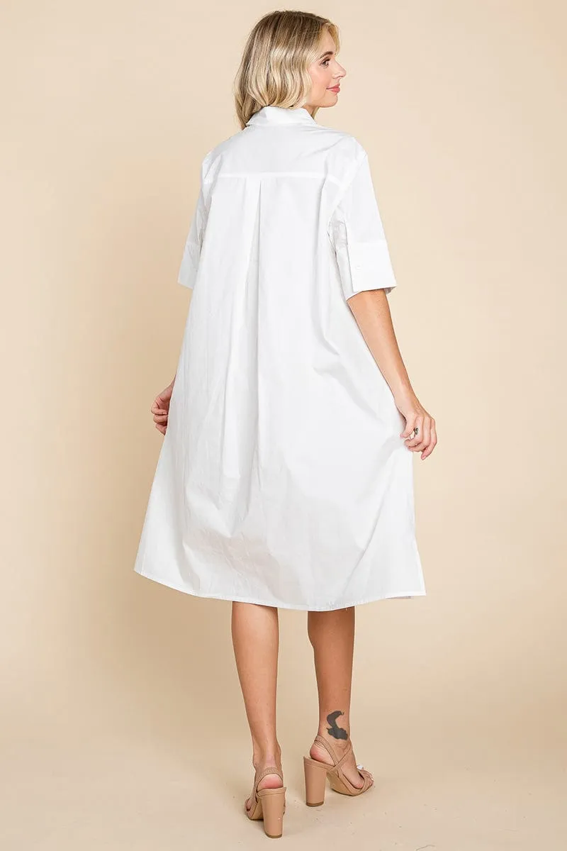Poplin Collared Short Sleeve Cotton Shirt Dress