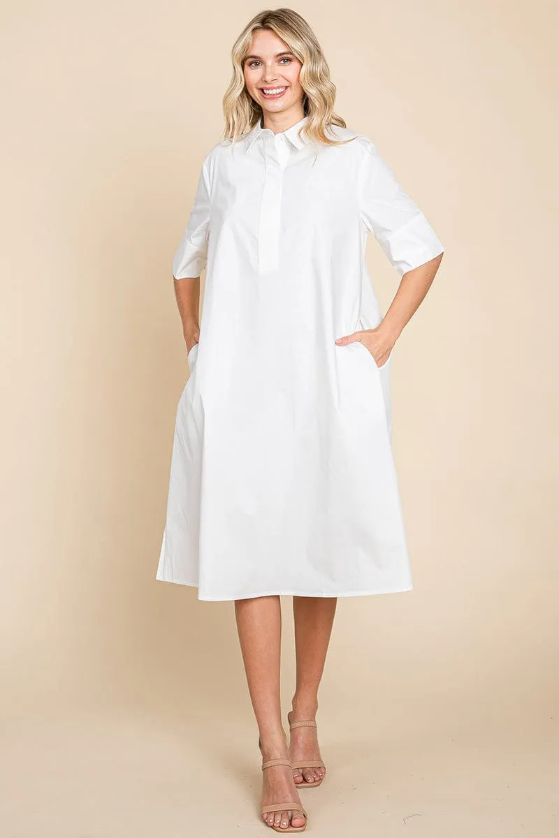 Poplin Collared Short Sleeve Cotton Shirt Dress