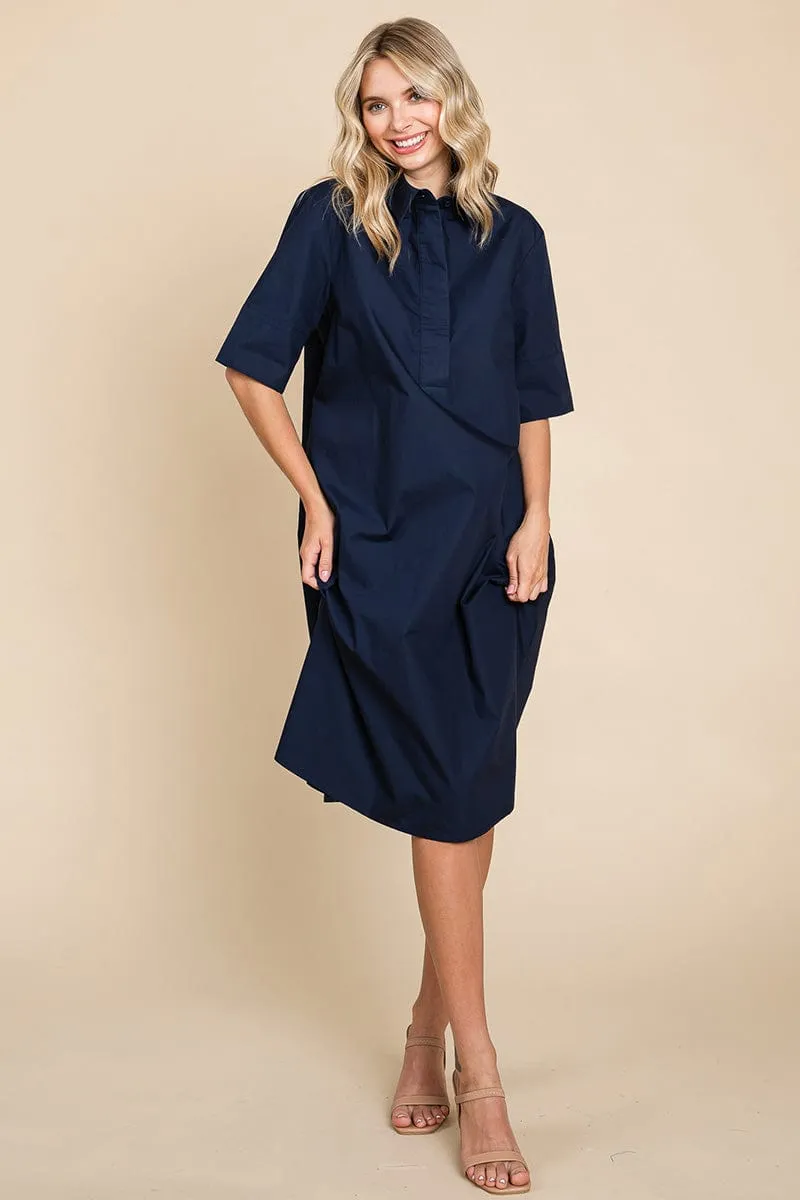 Poplin Collared Short Sleeve Cotton Shirt Dress